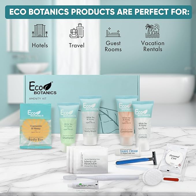 Eco Botanics Amenity & Accessory Kit | 0.85 oz Travel Size Shampoo, Conditioner, Lotion, Body Wash, Body Bar, Cleansing Bar, Shave & Dental Sets, Make-Up Remover Wipes, & Vanity Kit | 15 sets per case