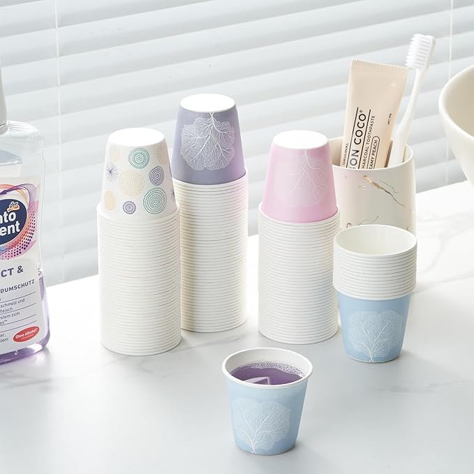 Tamone 600 Pack 3 oz Bathroom Cups, Small Paper Cups with Tree, Mouthwash Cups, Disposable Paper Cups,pink, green, gray, 3oz Paper Cups for Party, Picnic, BBQ, Travel, Home and Event