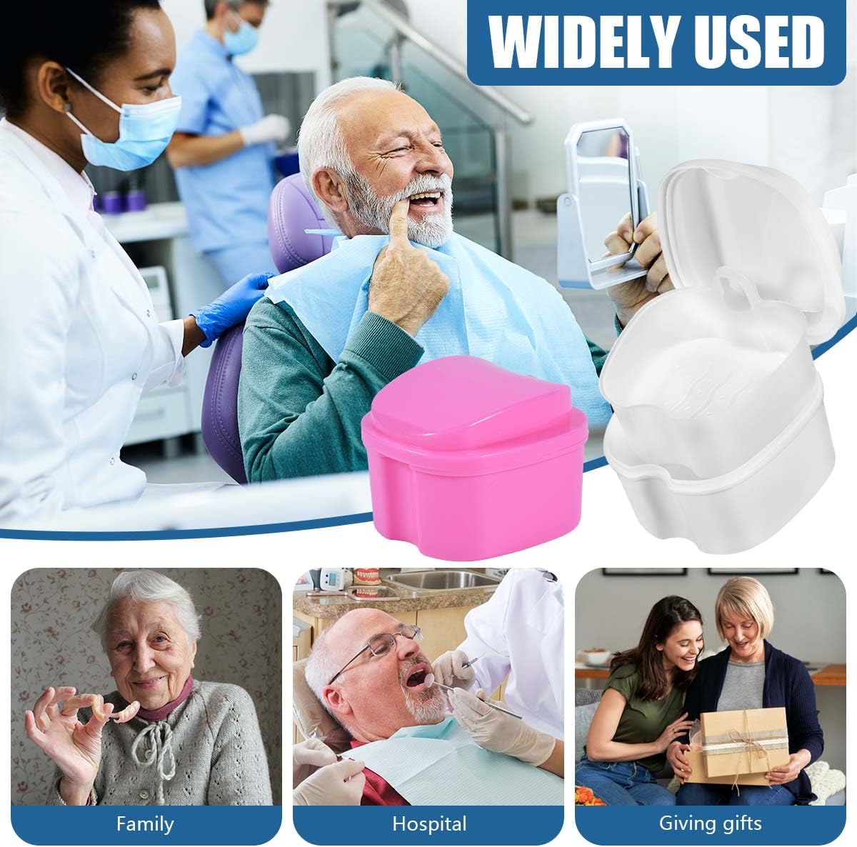 2 Pack Colors Denture Bath Case Cup Box Holder Storage Soak Container with Strainer Basket for Travel Cleaning (White and Pink)