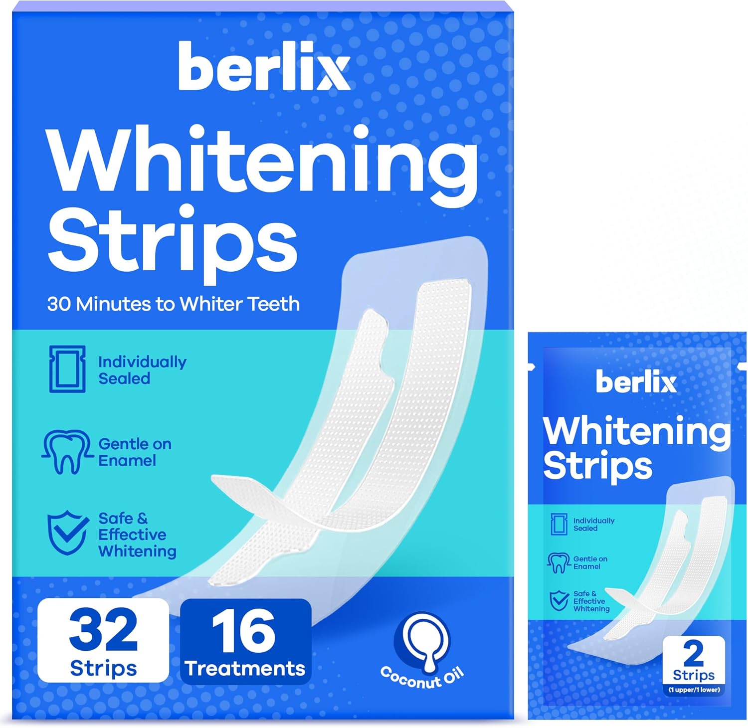 Teeth Whitening Strips (16 Treatments, 32 Count), Enamel Safe for Teeth Whitener, Whitening Strips with Coconut Oil, Formulated to Be Gentle & Non Slip and Quick-Dry, Stains Removal