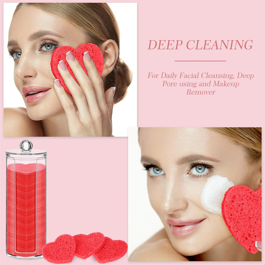 Sieral 120 Pcs Compressed Facial Sponges with Container Disposable Face Sponge Pads for Washing Face Cleansing Exfoliating Esthetician Makeup Removal(Heart,Red)