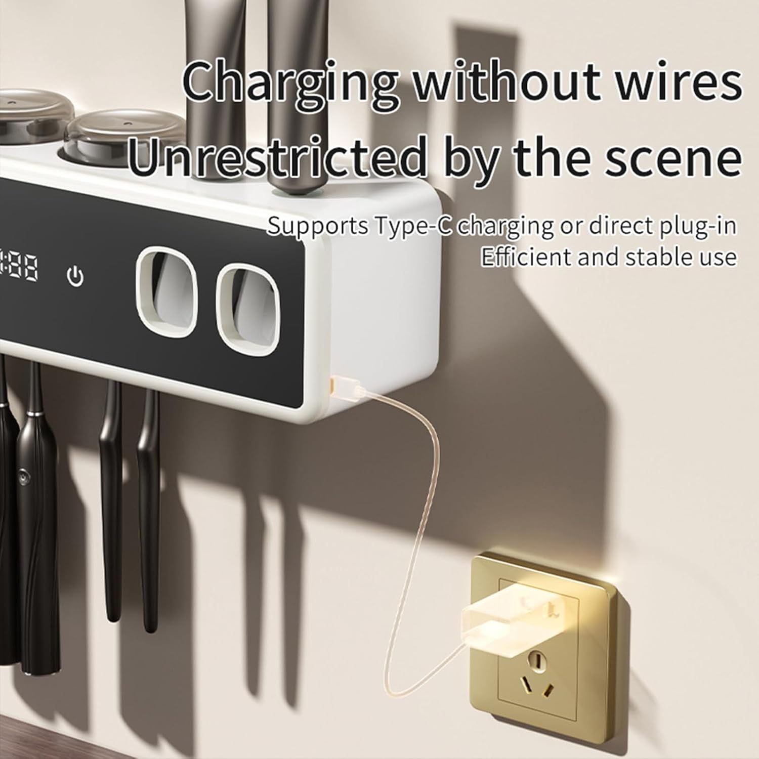 Wall Mounted Toothbrush Holders, Automatic Toothpaste Dispenser, 3 Cup Rechargeable Electric Toothbrush Holder with Smart Cleaning and Hot Air Drying,Bathroom Decor and Accessories (Black)