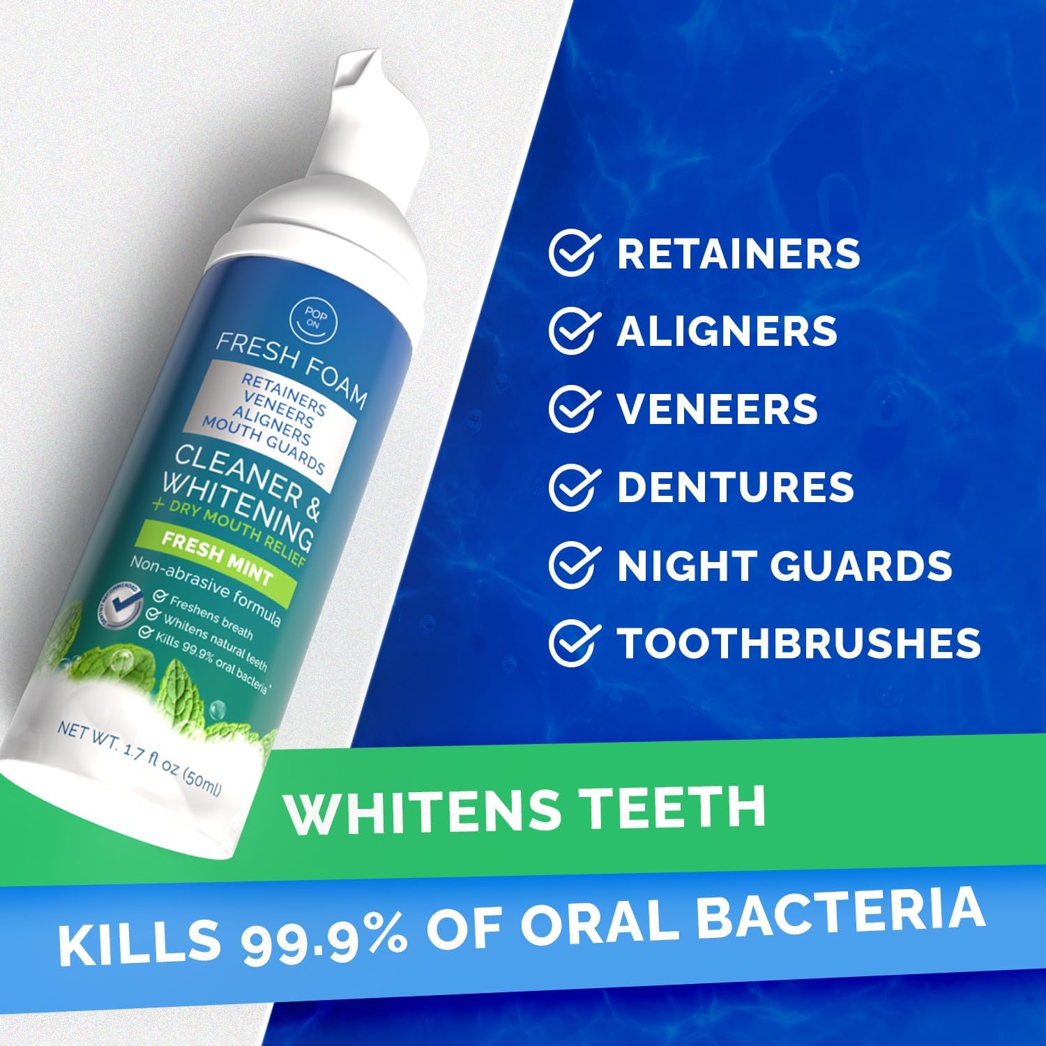 Aligner & Retainer Cleaner Fresh Foam – Dry Mouth Relief, Compatible with All Clear Aligners, Retainers, Mouth Guards, Night Guards, Veneers, Whitens, Freshens, 3% Hydrogen Peroxide, Mint - 50ml 3pcs