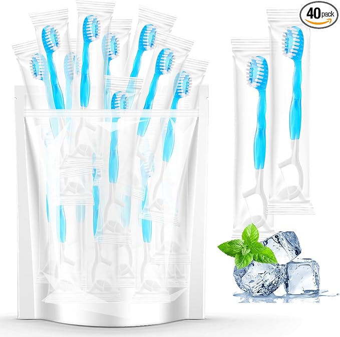40 Individually Packaged Disposable Travel toothbrushes with Toothpaste, 5-in-1 Convenient Mini Disposable Toothbrush (Toothbrush + Toothpaste + Tongue Scraper + Dental Floss + Pick)