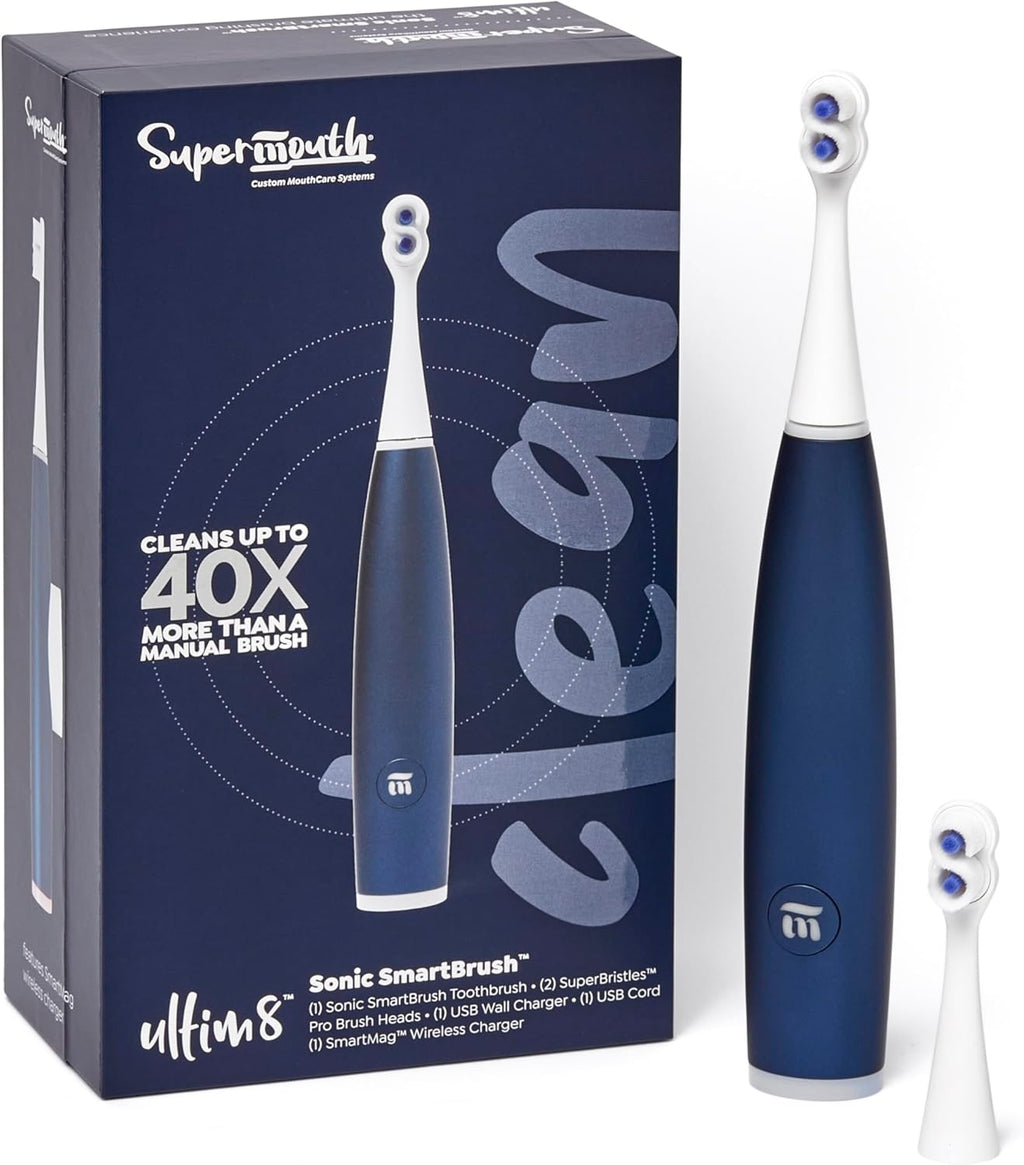 SuperMouth® ULTIM8 SmartBrush™ Electric Toothbrush - Patented SuperBristles® Clean Teeth 40X Better, Dual Sonic Modes, Pressure Sensor, Stunning Design - Teens & Adults - Sapphire Blue
