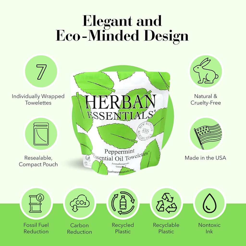 Herban Essentials - Peppermint Wipes & Towelettes - Essential Oil Wipes for Hands & Body - Travel Size Essentials and Toiletries - Natural, Individually Wrapped, Disposable & Moist Refresh (7 count)