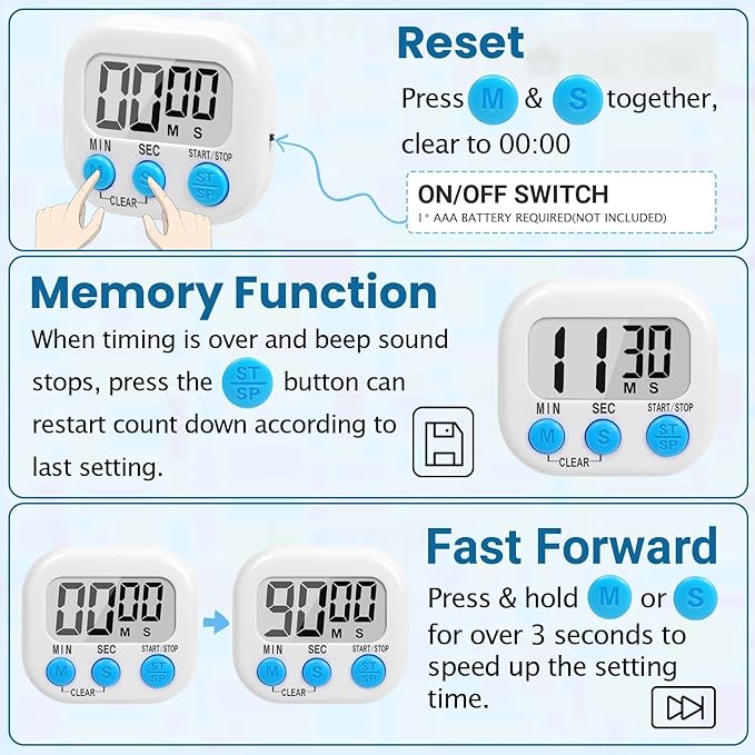12 Pack Digital timers for Classroom, Magnetic Countdown Kitchen Timers for Cooking, Big Digits Loud Alarm Timer for Kids, Teachers, Sports, Study, Gym, Training, Baking