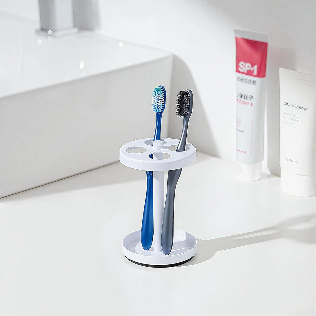 White Stainless Toothbrush Holder Stand: Rustproof Bathroom Countertop Organizer, 4 Ventilated Slots Hold Manual Toothbrushes, Razor