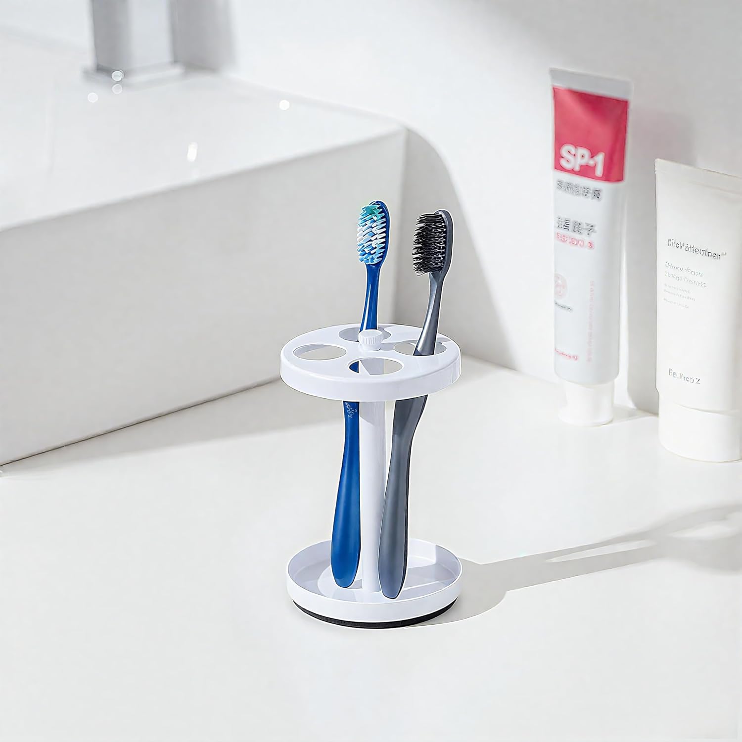 White Stainless Toothbrush Holder Stand: Rustproof Bathroom Countertop Organizer, 4 Ventilated Slots Hold Manual Toothbrushes, Razor