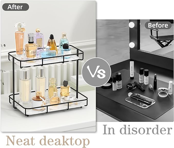 Bathroom Organizer Countertop Perfume Organizer Makeup Organizer Cosmetics Storage Display Rack Vanity Tray Dresser Stainless Steel Gold Shelf White Marble Ceramic Tray