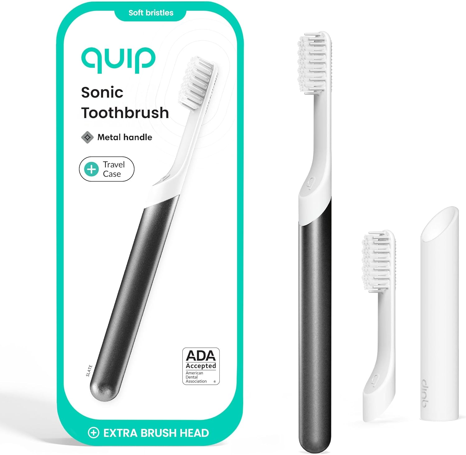 Quip Metal Sonic Electric Toothbrush for Adults - Time Travel & Soft Bristles with Travel Case & Replacement Brush Head - 3 Month Battery Life - Slate