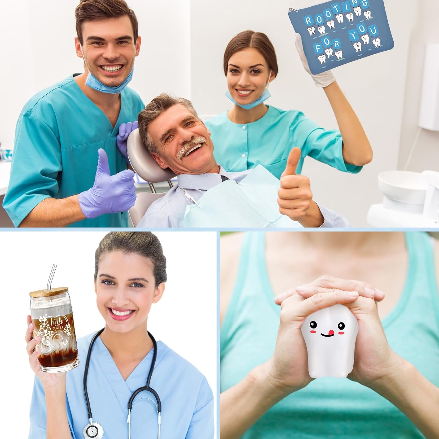 Sliner 3 Pcs Dental Nurse Gifts Dental Hygienist Gift 16 oz Glass Cups Makeup Bag Teeth Stress Toy for Women Coworkers Nurse Assistant Retirement Graduation Birthday Christmas Dentist Gift(Blue)