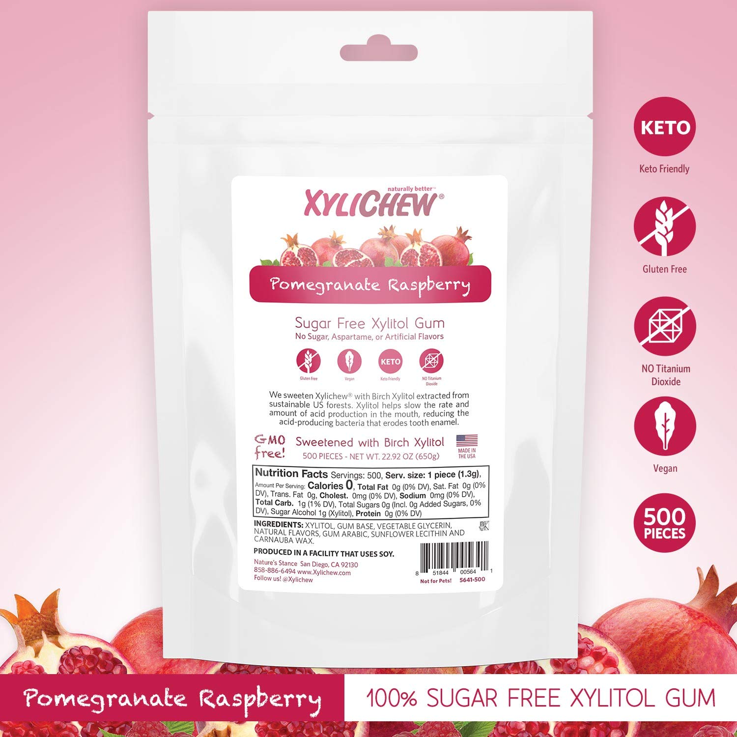 Xylichew 100% Xylitol Chewing Gum - Non GMO, Non Aspartame, Gluten Free, and Sugar Free Gum - Natural Oral Care, Relieves Bad Breath and Dry Mouth - Pomegranate Raspberry, 500 Count