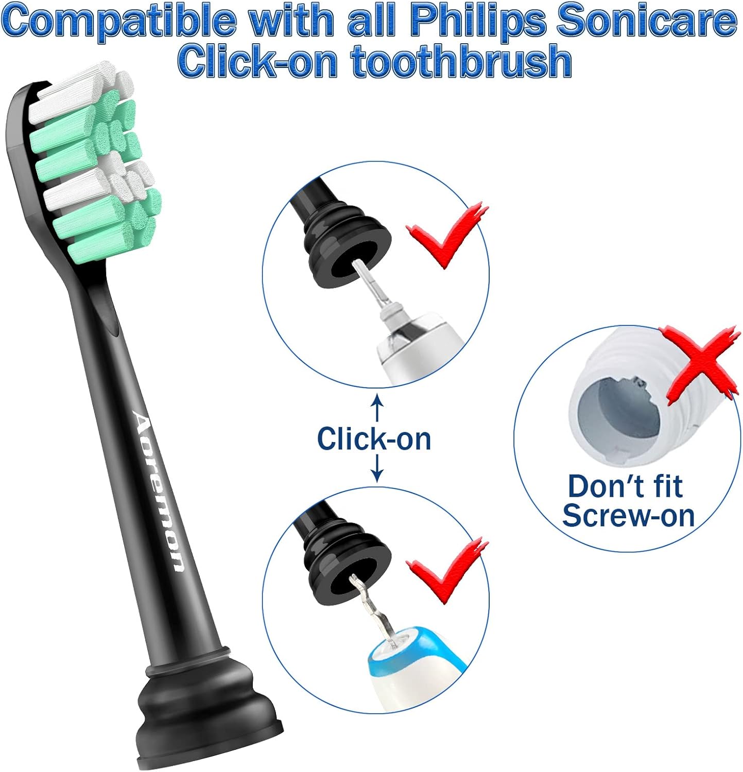 Aoremon Replacement Heads for Sonicare - Replacement Brush Heads Compatible with Philips Sonicare Snap-on Electric Toothbrush (Black),8 Pcs