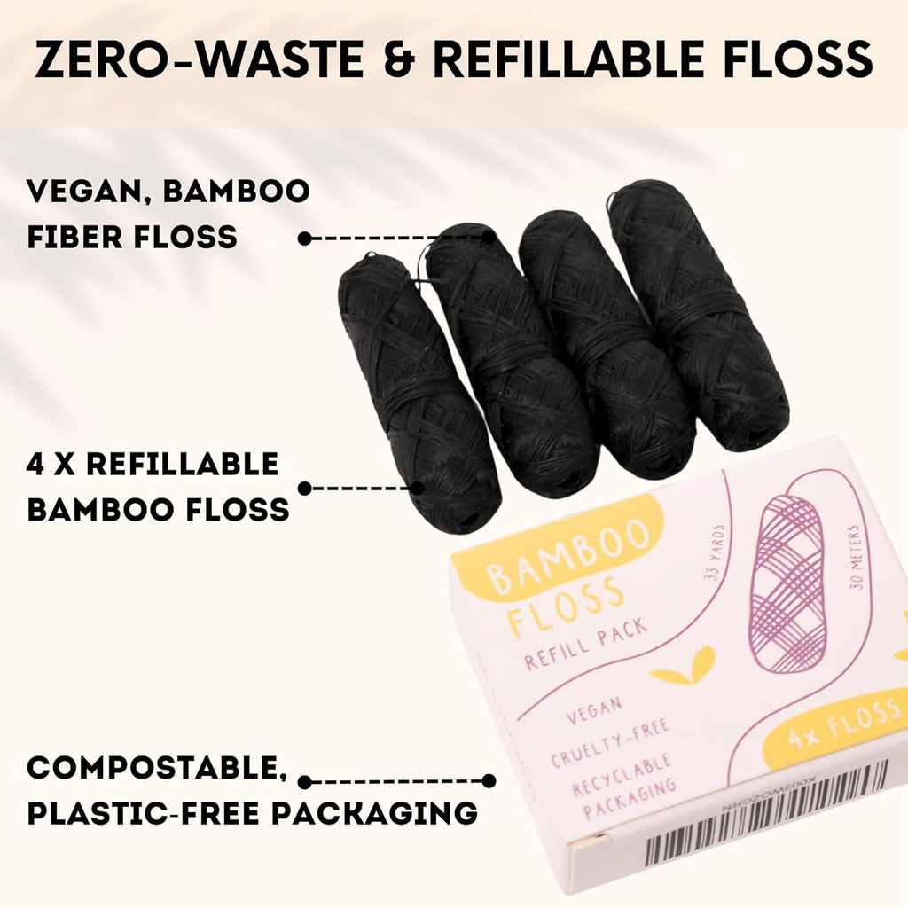 ECO ROOTS Organic Bamboo Floss Refill x4 Rolls, Eco Friendly Dental Charcoal Floss | Reusable & Vegan Bamboo Tooth Flossers | Zero Waste, Plastic Free, Biodegradable