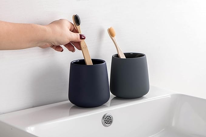 Matte Toothbrush Holder for Bathroom,Tooth Brush Holder,Modern Ceramic Toothbrush Cup as Toothpaste Holder,Bathroom Cup,Makeup Brush Cup (Dark Blue)
