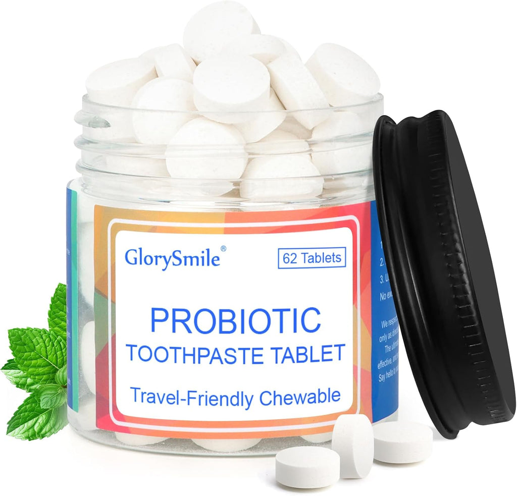 GlorySmile Toothpaste Tablets, Nano Hydroxyapatite with Probiotics, Fluoride & Plastic Free, Eco & Travel Friendly Size, Remineralizing Chewable Toothpaste Tabs - 62ct, Mint