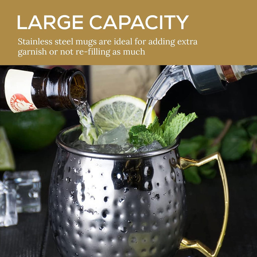 Artisan's Anvil Moscow Mule Mugs with Straws, Comfortable Brass Handle, Stainless Steel Made, Original Hammered Shape, Glossy Black Nickel Plated, Set of 2