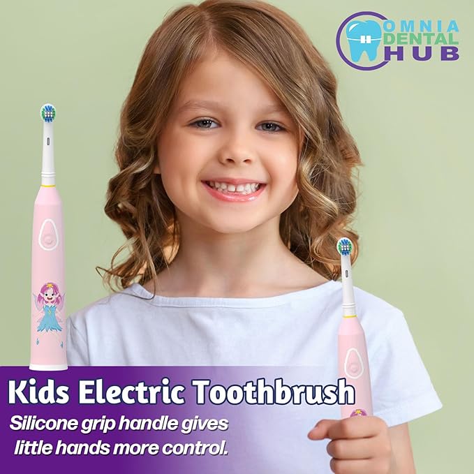 1 PCs 0Rotating Kids Electric Toothbrush with 2 Brush Heads IPX7 by Omnia ONE | 3 Modes, Rechargeable 30 Days Battery Life, IPX7 Waterproof, USB Charger & Block Included, Fun & Effective Oral Care