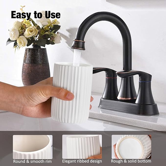 Toothbrush Holders for Bathrooms, Ceramic Tooth Brush Holder Set, Ribbed Bathroom Cups Tumbler, Reusable Toothbrush Mouthwash Cup, Toothpaste Holder Toothbrush Organizer for Bathroom Counter