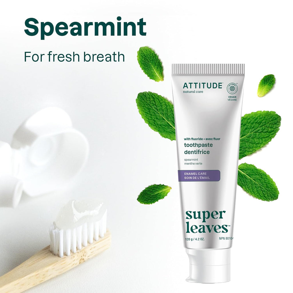 ATTITUDE Enamel Repair Toothpaste with Fluoride, Spearmint Flavor, Vegan & Cruelty-Free, Sugar-Free, Plant & Mineral-Based Ingredients, Clean Oral Care, 4.2 Oz