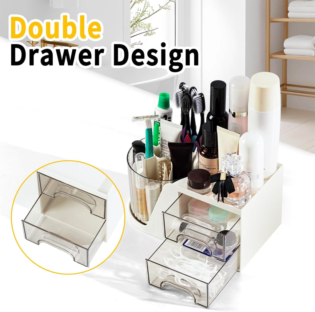 Toothbrush Holders for Bathrooms, Rotating Bathroom Countertop Organizer with 2 Drawers, Tooth Brush Toothpaste Holder, Bathroom Counter Organizer Caddy for Vanity Makeup Brush Holder