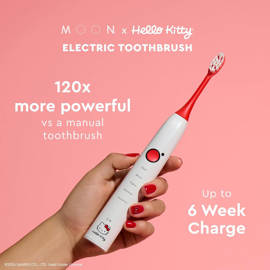 MOON x Hello Kitty Sonic Electric Toothbrush for Adults & Teens, 5 Smart Modes, Clean, White, Massage, Polish & Sensitive, Rechargeable, Travel Case, 2 Brush Heads, Industry-Leading 6 Week Charge