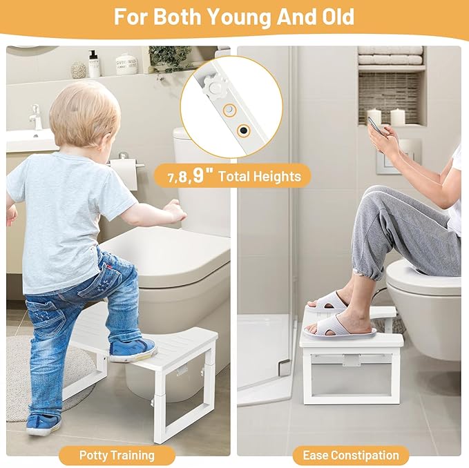 Bamboo Toilet Stool Foldable White, 7 in, 8 in Or 9 in Adjustable Height Pooping Stool Potty for Adults Kids, Sturdy Poop Step Stool for Bathroom, Non-Slip, Improve Squatting Posture, 500 lbs Capacity