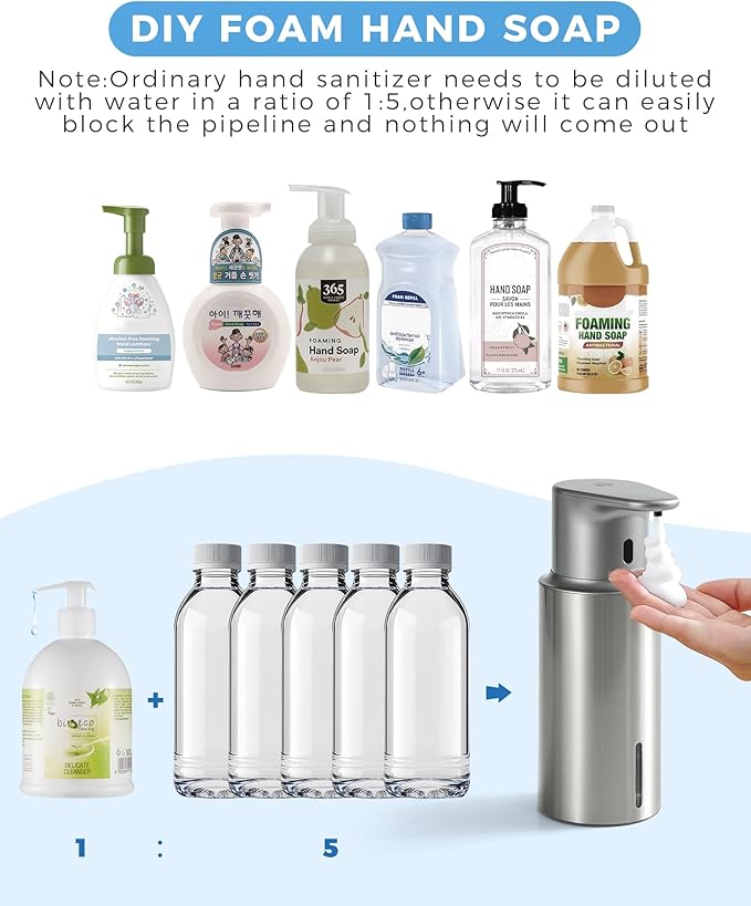 Automatic Foaming Soap Dispenser Touchless, 16.2oz/480ml Rechargeable, 3 Adjustable Liquid Levels, IPX7 Waterproof, for Kitchen Bathroom, Stainless Steel