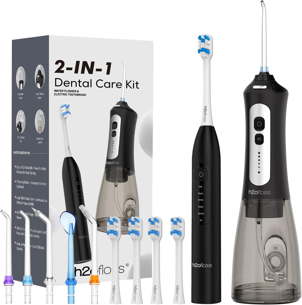 H2ofloss Sonic Electric Toothbrush and Water Flosser Combo, Rechargeable 2000mAh Toothbrush and 2500mAh Oral Irrigator with 300ml Tank, 4 Brush Heads, 5 Nozzles, 2 in 1 for Home and Travel (Black)