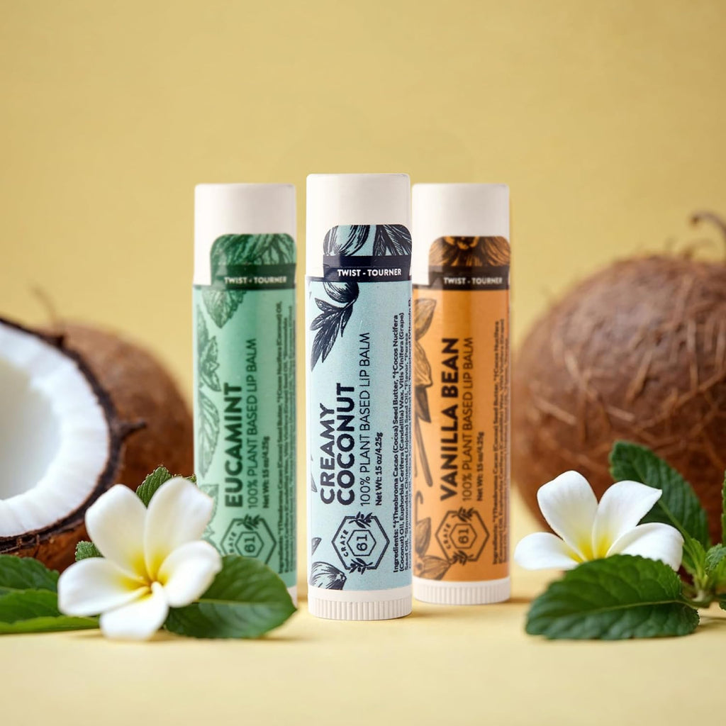 Crate 61 Lip Balm 3-Pack with USDA Organic ingredients Flavored with Premium Essential Oils and Organic Flavors, for Men and Women (3 Pack, Medley)