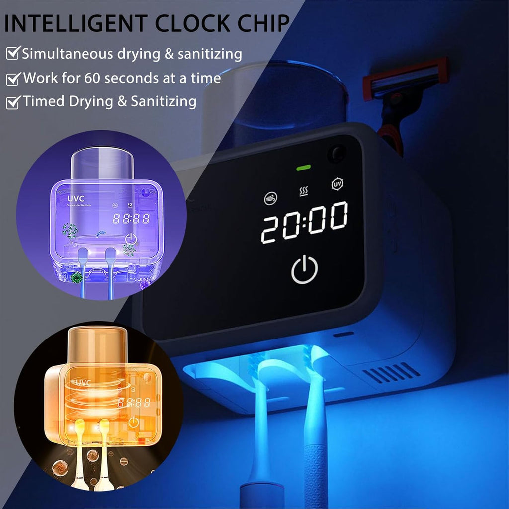 Bathroom Toothbrush Holders-2 Slots 1 Cup,Electric Toothbrush Holder with Constant Temperature Drying, Timed Cleaning, Air Drying, Rechargeable Wall-Mounted Toothbrush Holder with 4000mAh (White)