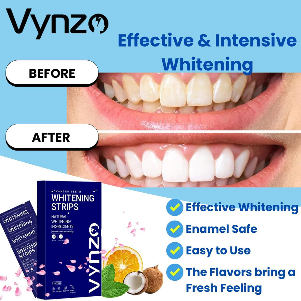 Natural Teeth Whitening Strips -7 Treatments, White Strips Peroxide-Free, Enamel Safe & Gentle for Sensitive Teeth, Removes Deep Stains Mint, Lemon & Cherry Blossom Flavors - Fast Results