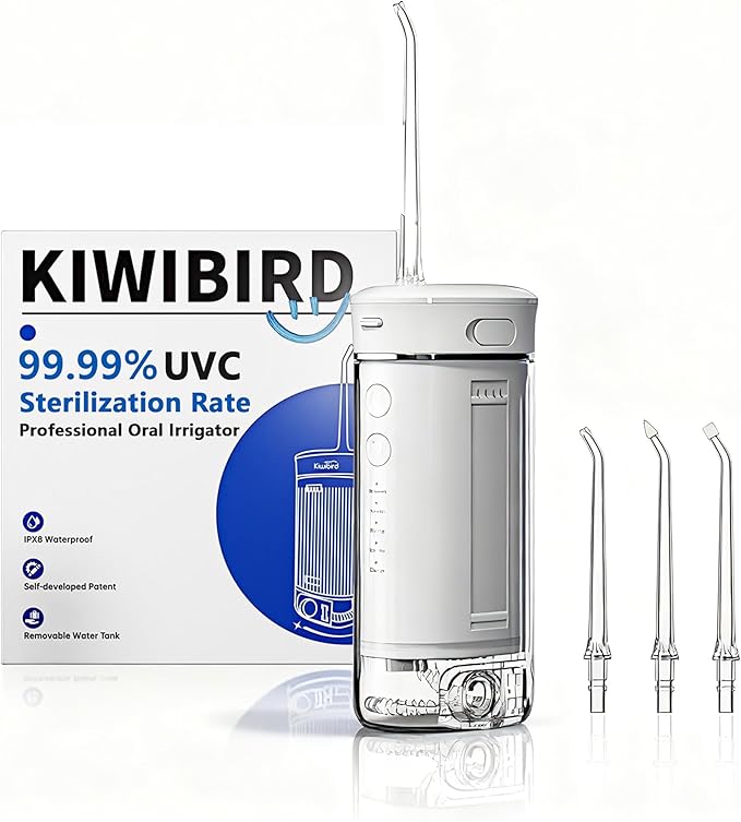 KIWIBIRD Mini Water Flosser for Travel, Ultra-Portable Cordless Oral Irrigator with UVC Light, IPX8 Waterproof 3 Modes, 230mL Teeth Cleaner for Tonsil Stones & Braces Care - Home & Travel (Grey)