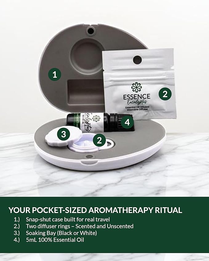 Essence Pearl Travel Case - Wearable Aromatherapy Kit with Nasal Diffuser Rings, Soaking Bay, and 5mL Essential Oil – Portable Wellness Gift Set for On?The?Go Self Care