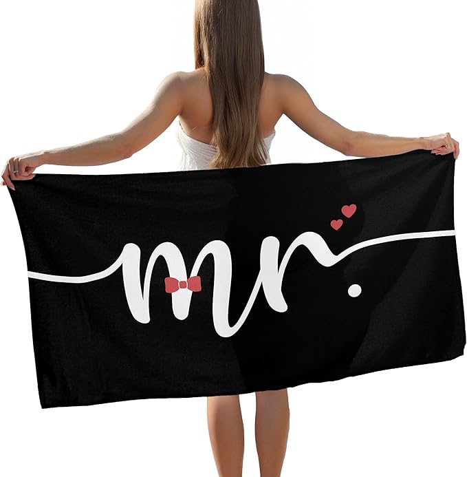 Black Mr Groom Beach Towel, Wedding Beach Party Pool Towels, Just Married Honeymoon Wedding Gifts Large Bath Travel Towels for Newlywed Couple, Honeymoon Mr and Mrs Groom Gifts, 30x60in