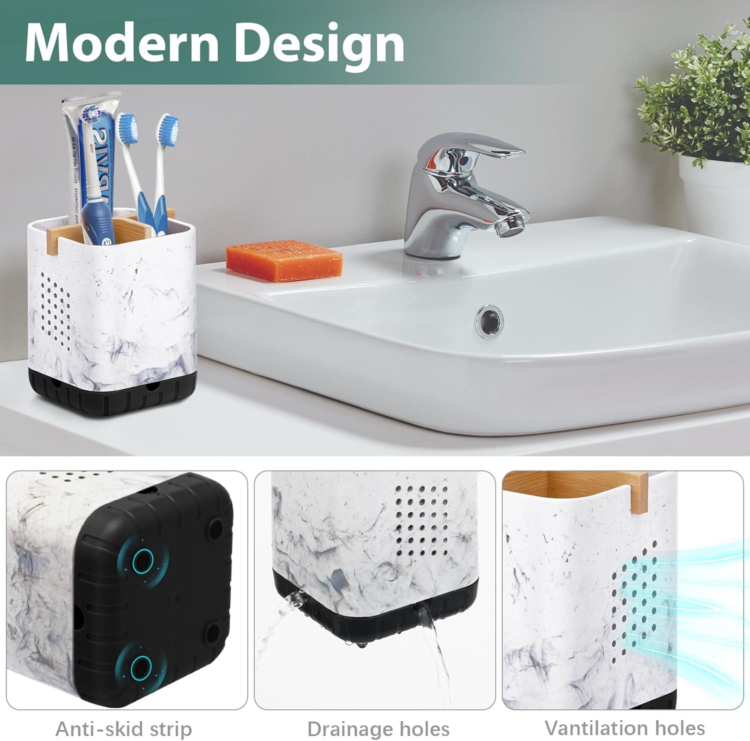 Boperzi Electric Toothbrush Holders for Bathroom Countertop, Detachable Toothbrush and Razor Holder Drainage for Shower, Kids Toothbrush and Toothpaste Holder, 3 Slots Bamboo Toothbrush Organizer