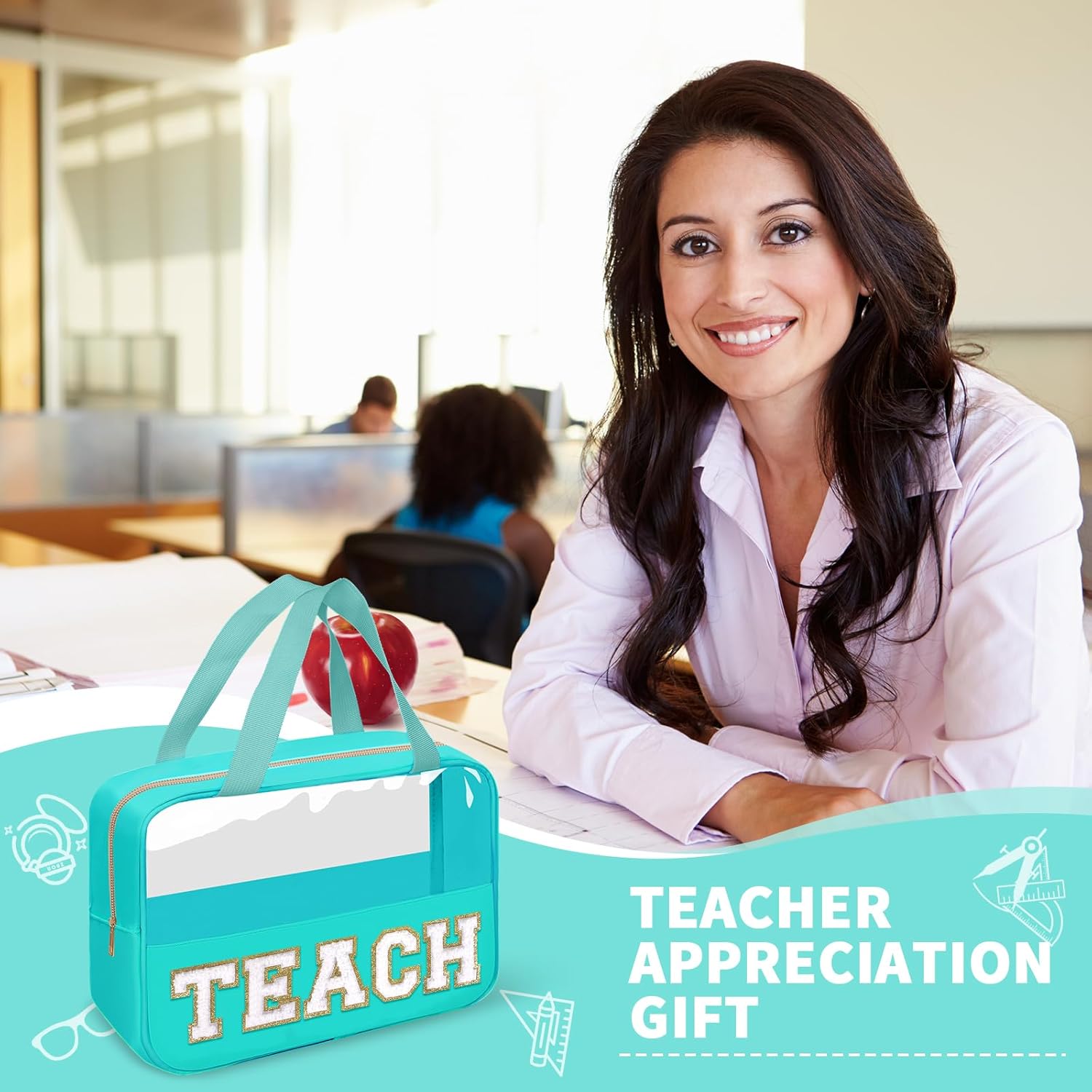 Teacher Appreciation Gifts Chenille Letter Clear Makeup Bag TEACH Pouch, Preppy Waterpoof Makeup Cosmetic Bag with Zipper Graduation Retirement Birthday Teacher Essentials Gifts for Women(TEACH-Green)