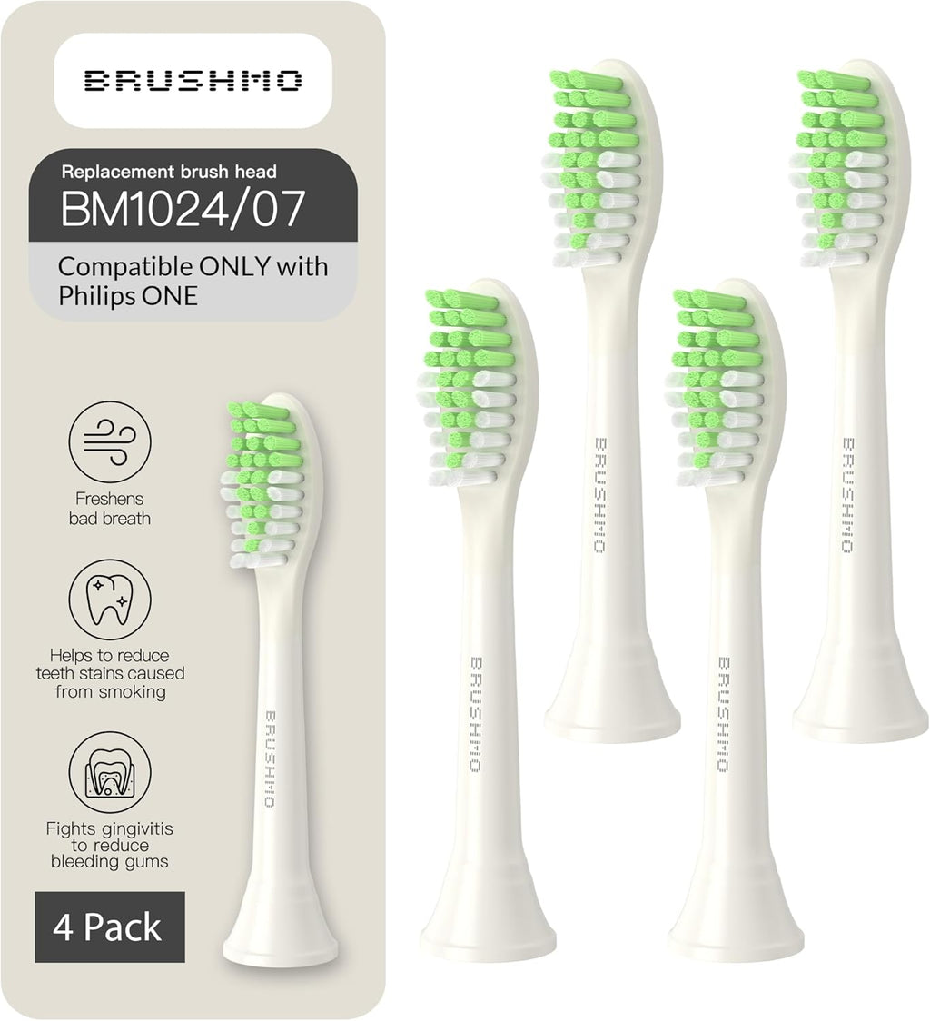 Brushmo Replacement Toothbrush Heads, Compatible with Philips One for Sonicare Electric Toothbrush Handles HY1022, 4 Standard Heads with Tongue Cleaner, Soft Dupont Bristles, BM124m, Snow White