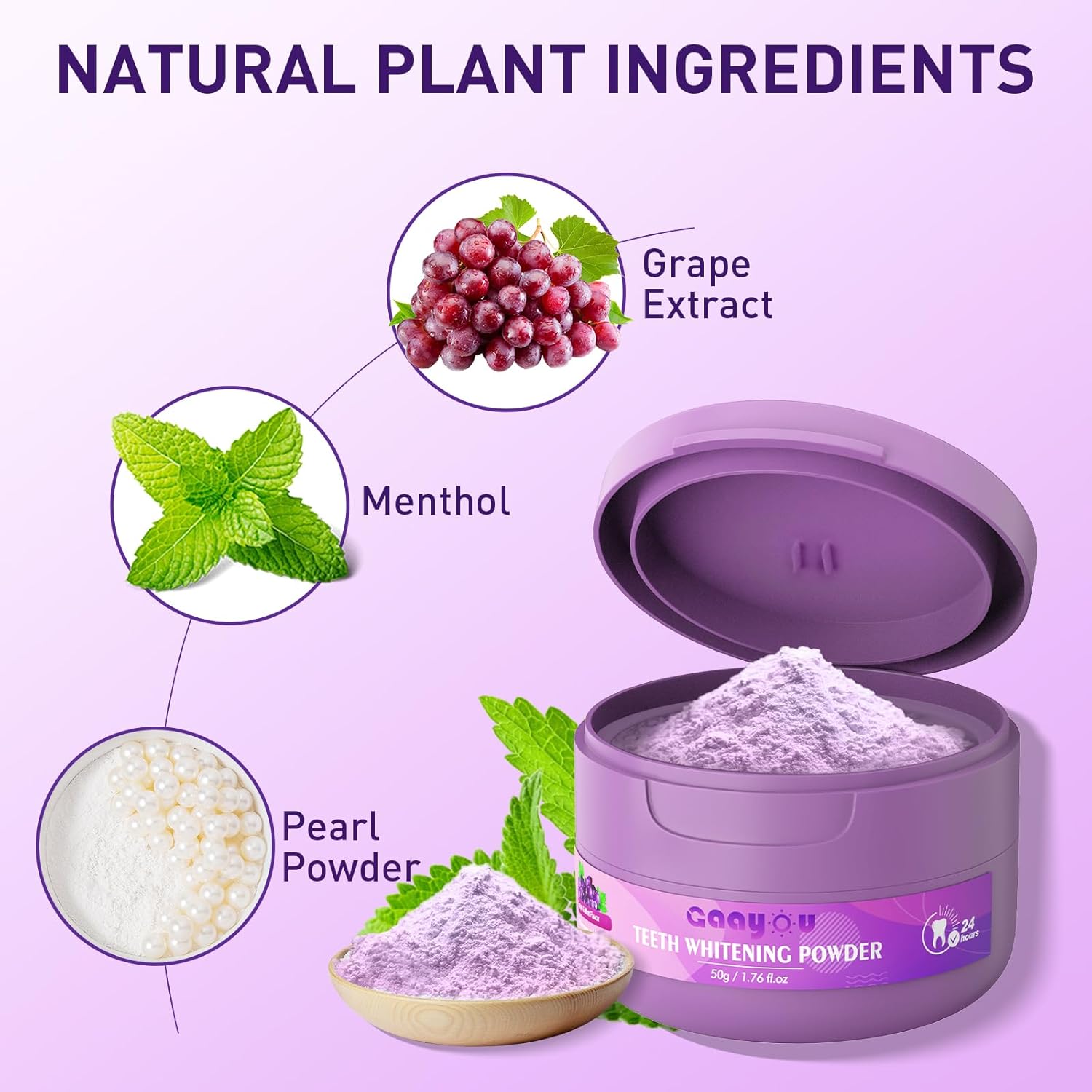 Purple Teeth Whitening Powder, Grape & Mint Flavor Natural Teeth Whitener, Color Corrector Toothpaste Powder for Tooth Stain Removal