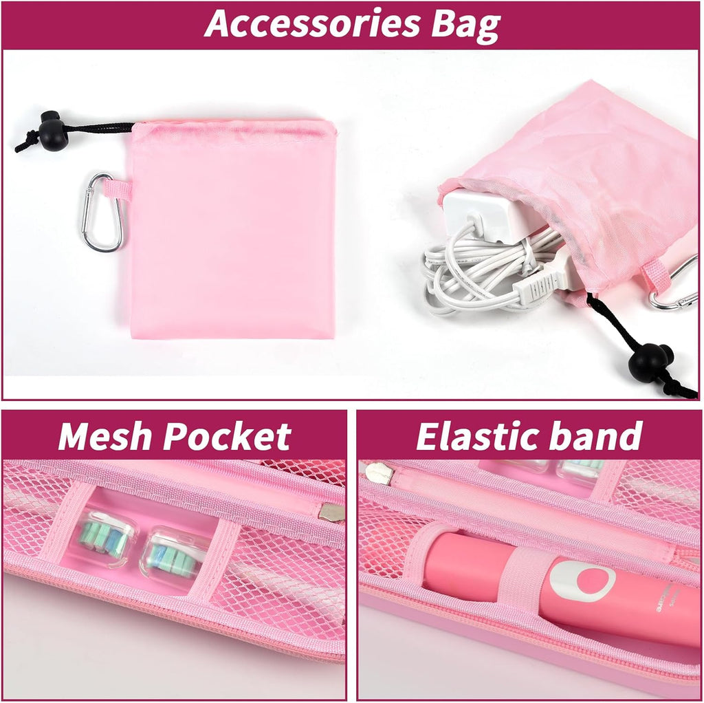 Toothbrush Travel Hard Case Compatible with Oral-B Pro 1000, 2000, 3000, 3500, 1500/ for Philips Sonicare ProtectiveClean 4100 5100 Electric Toothbrush with Mesh Pocket&Carabiner - Pink (Bag Only)