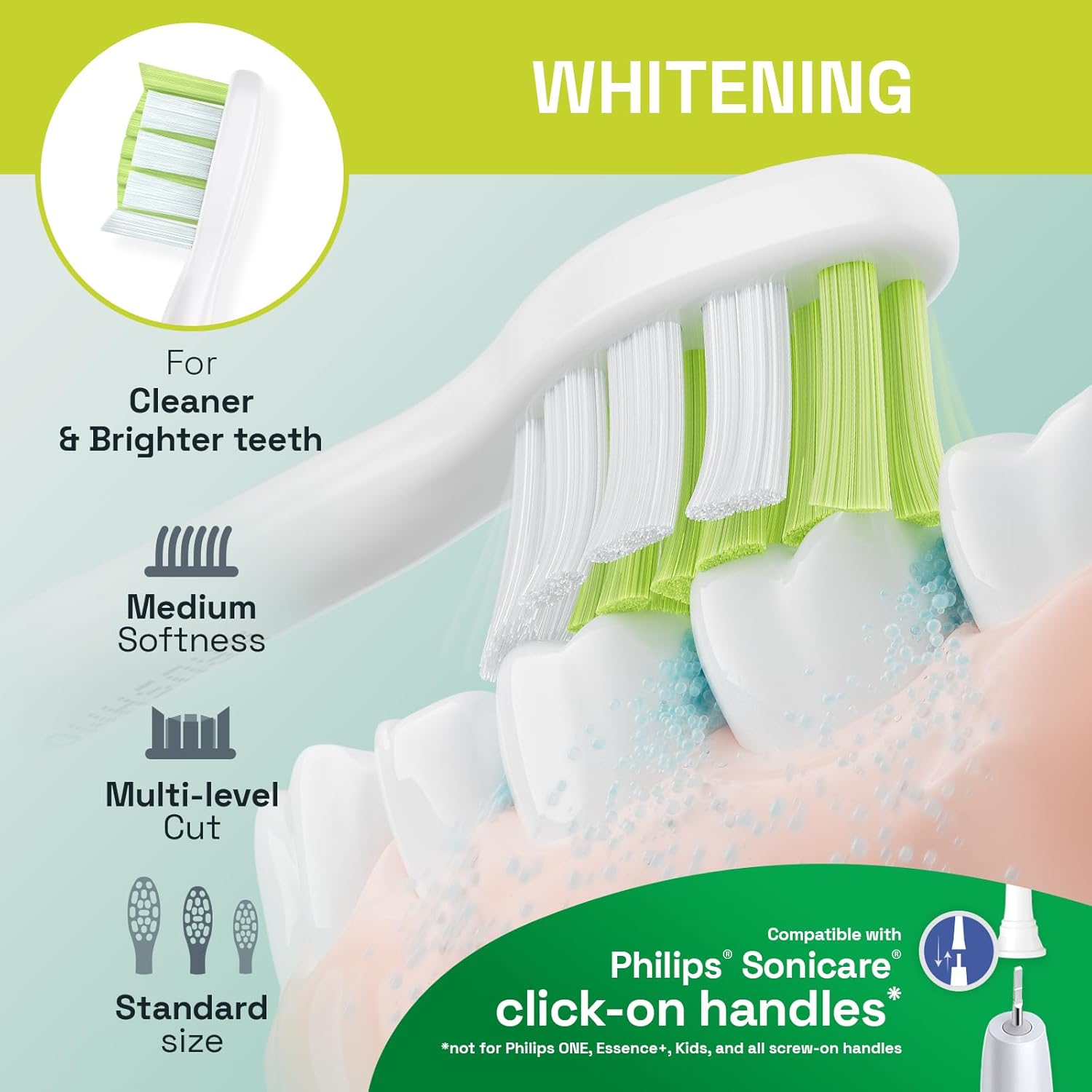 Brushmo Whitening Replacement Toothbrush Heads, Compatible with Philips Sonicare Click-on Electric Toothbrush Handles, 8 Standard Heads, Medium Firm Diamond-Shape Dupont Bristles, BM668, White