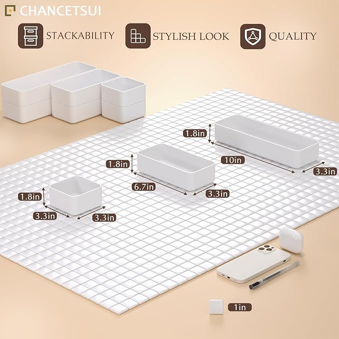 Organizer Drawer, Storage Plastic Desk Bins Stackable Organizers Tray, Bathroom Dividers Small Makeup Bin Clothes Organizing Trays for Containers Vanity Office Cabinet Desktop Compartment, White