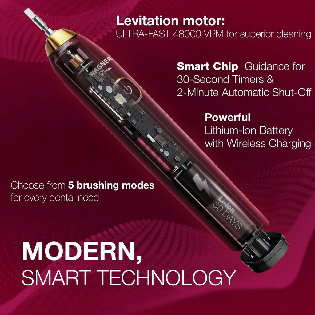 Wagner Stern The Ruby Red Edition ultrasonic whitening Electric Toothbrush Features Five Brushing Modes, Eight Soft Brush Heads, and a Premium Travel case.