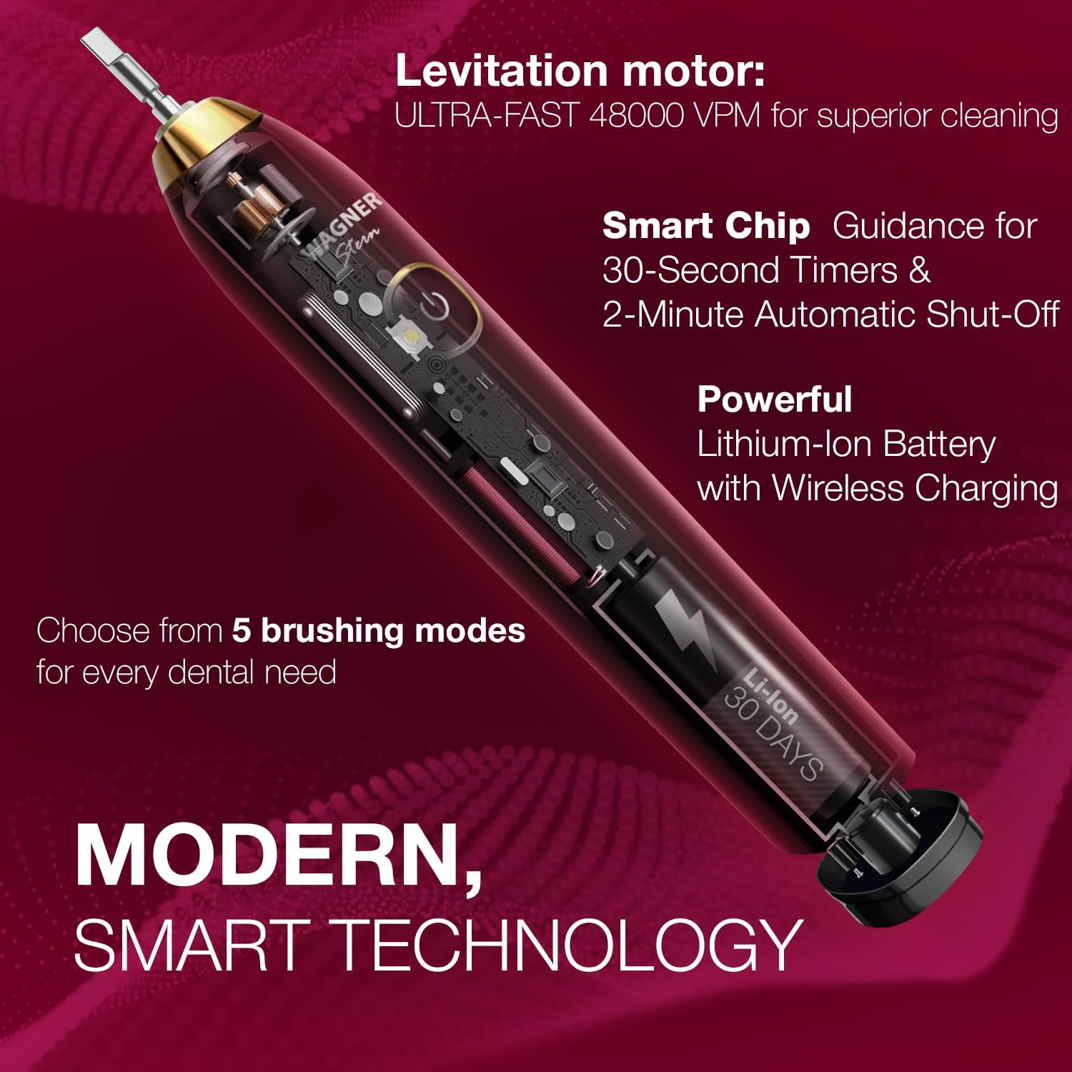 Wagner Stern The Ruby Red Edition ultrasonic whitening Electric Toothbrush Features Five Brushing Modes, Eight Soft Brush Heads, and a Premium Travel case.