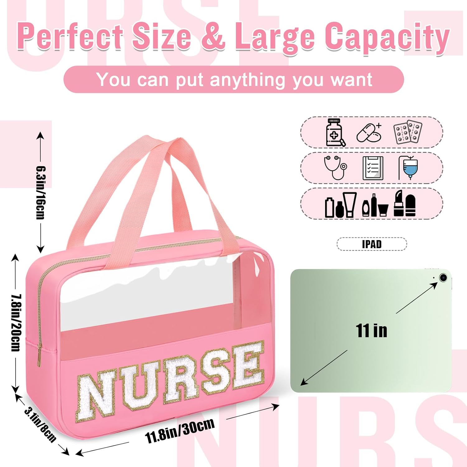 Nurses Week Gifts Chenille Letter Clear NURSE Makeup Bag for Women,Preppy Nurse Cosmetic Pouch Zipper with Handle Nurse Essentials Bag for Work Supplies,Travel Waterproof Toiletry Storage(NURSE-Pink)