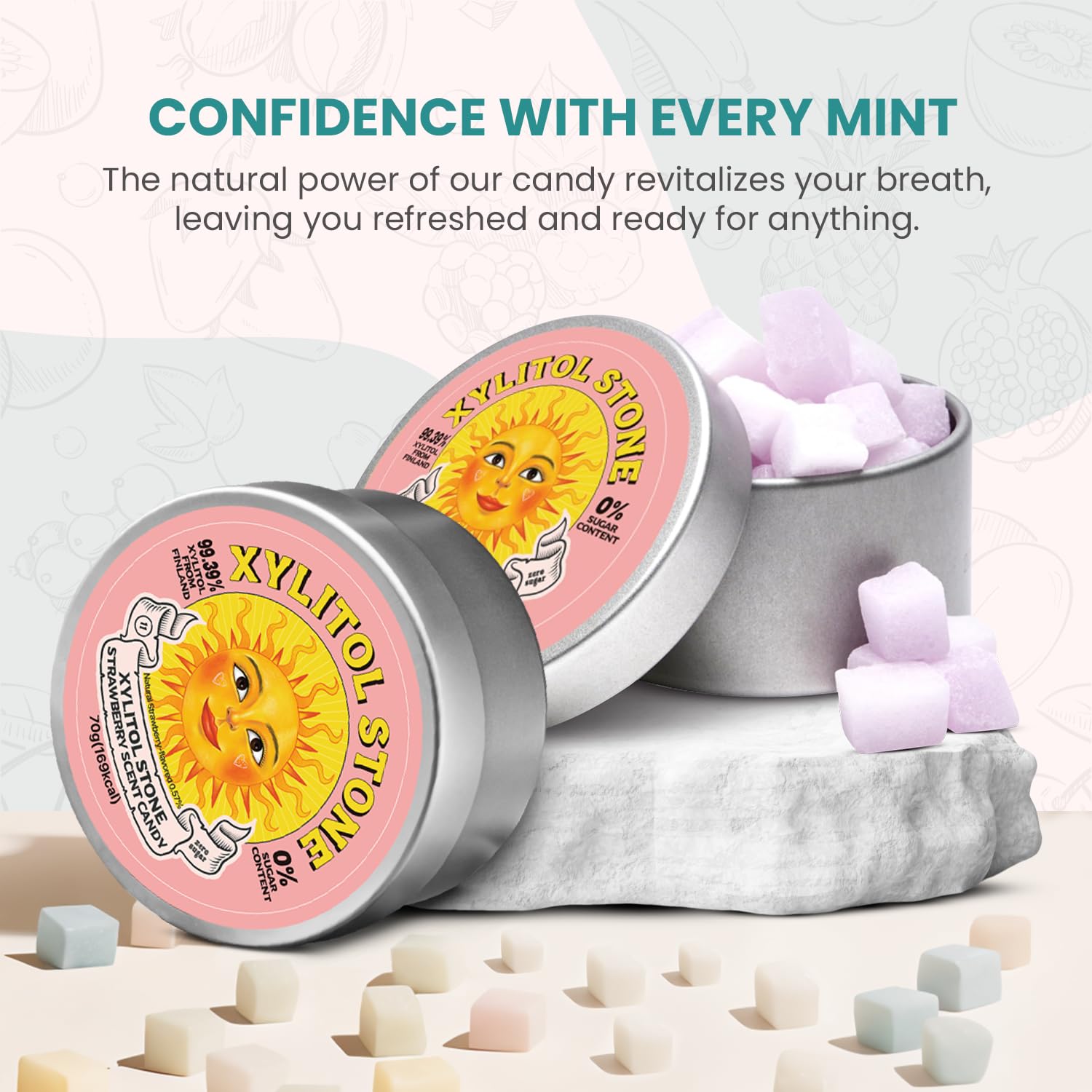 Xylitol Stone Sugar Free Candy - Vegan & Keto Friendly Unique Hard Candy Sugar-Free - 100% Natural Flavor Candies - Gluten Free & Non-GMO Breath Freshener Low Calorie Mints - Strawberry (Pack of 2)