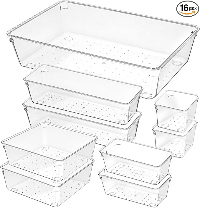 16 Pack Plastic Drawer Organizers Set, 5-Size Kitchen and Office Desk Drawer Organizer Trays, Acrylic Non Slip Storage Bin Divider for Makeup,Jewelry,Gadgets Utensils,Bedroom,Bathroom Vanity,Clear