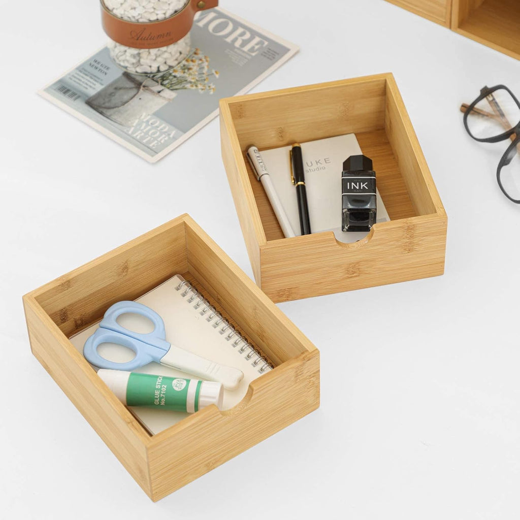 Wisuce Bamboo Desk Organizer - Mini Desktop Drawer Tabletop Storage Organization Box for Office Home Toiletries Supplies, No Assembly Required (3 Drawer with big drawer)