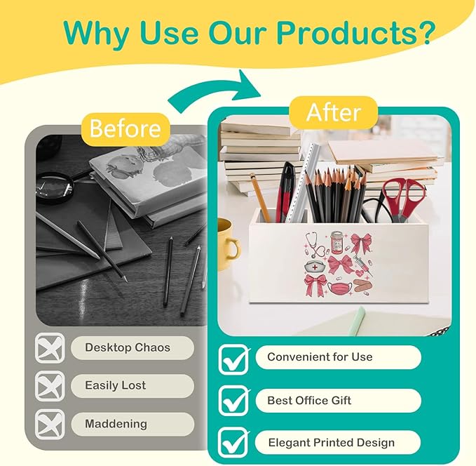 Nurse Gifts Wooden Pen Pencil Holder for Desk Accessories, Nurses Week Gifts for Women, Coquette Pink Bow Nursing Wood Makeup Brush Toothbrush Holder Organizer for Vanity Bathroom